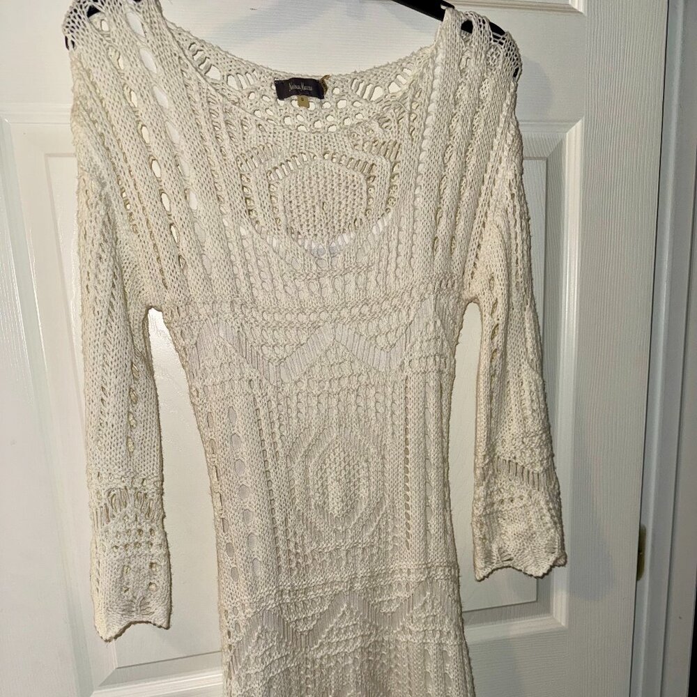 Women's Small Ivory Neiman Marcus Macrame Long Bell Sleeve Dress with Slip